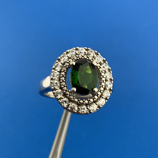 Designer 925 Sterling Silver Green Oval Cubic Zirconia White Round CZ Halo Ring