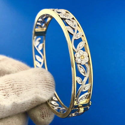 Gorgeous 18k Yellow White Gold Champagne White Diamond Hinged Cuff Bracelet
