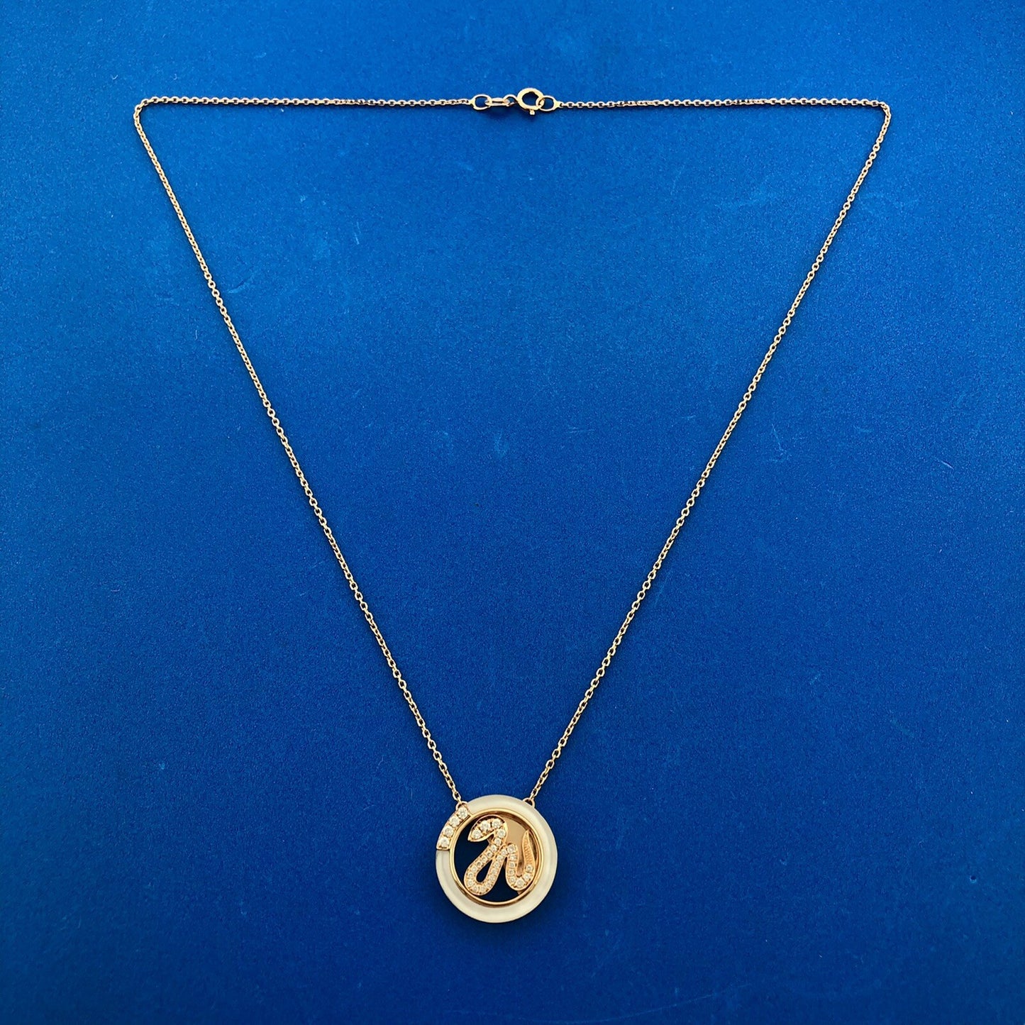Designer CMG 18K Rose Gold Diamond Mother Of Pearl Snake Disc Pendant Necklace