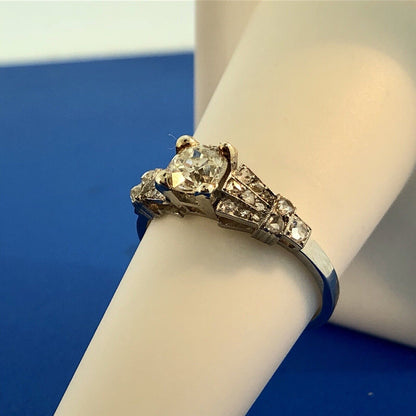 Art Deco Platinum European Mine Cut Diamond Solitaire W/Accents Engagement Ring