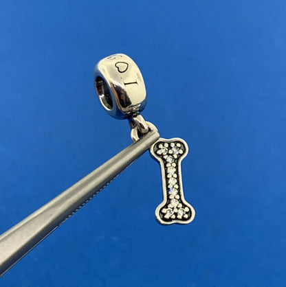 PANDORA Sterling Silver Cubic Zirconia 791263CZ Dog Bone Dangle Bracelet Charm