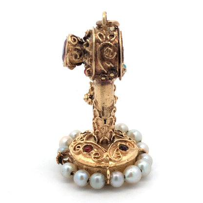 Art Nouveau 14K Yellow Gold Garnet Pearl Turquoise Coral Telephone Pendant