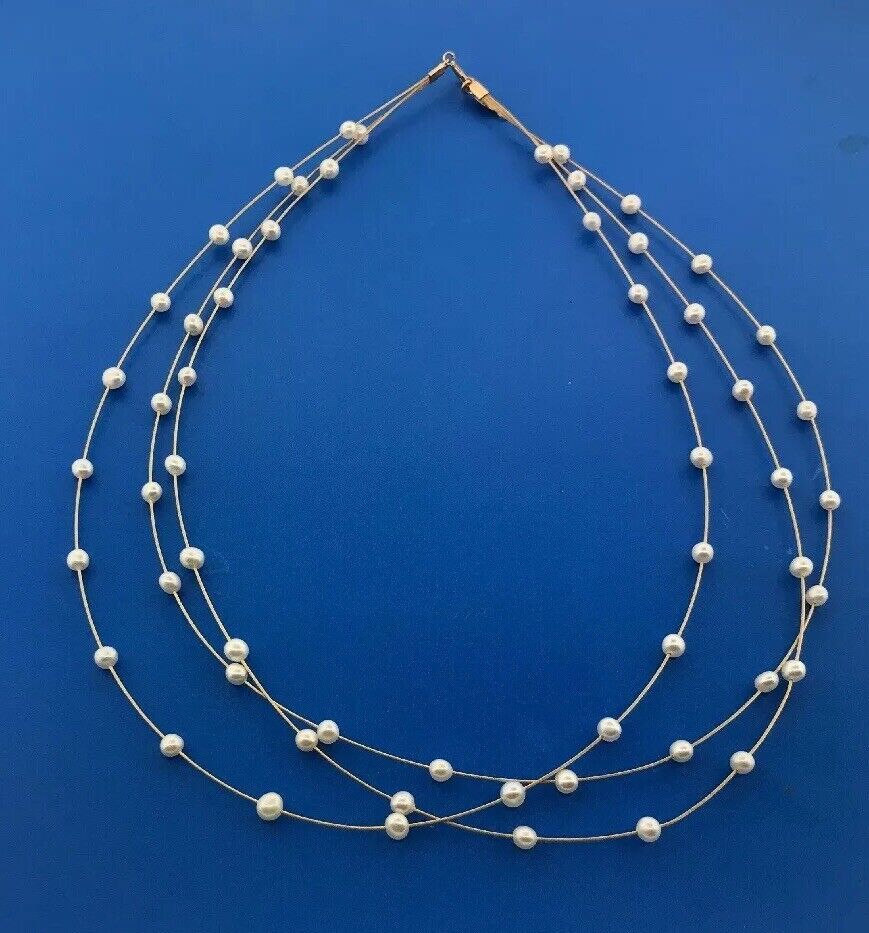 Vintage Peter Brams 14K Yellow Gold Pearl Triple Strand Wire Bridal Necklace