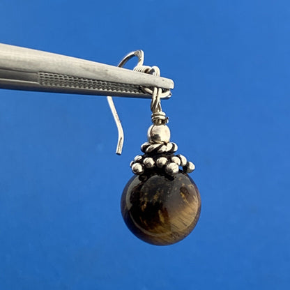 Designer 925 Sterling Silver Tiger's Eye Bead Ball Drop Dangle Hook Earrings