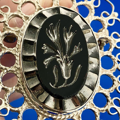 Plata De Jalisco Mexico Sterling Silver Black Intaglio Glass Pin Brooch Pendant