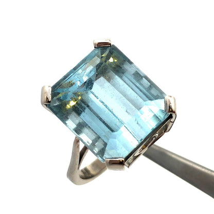 14K White Gold Large Emerald Cut Blue Topaz Solitaire Statement Ring