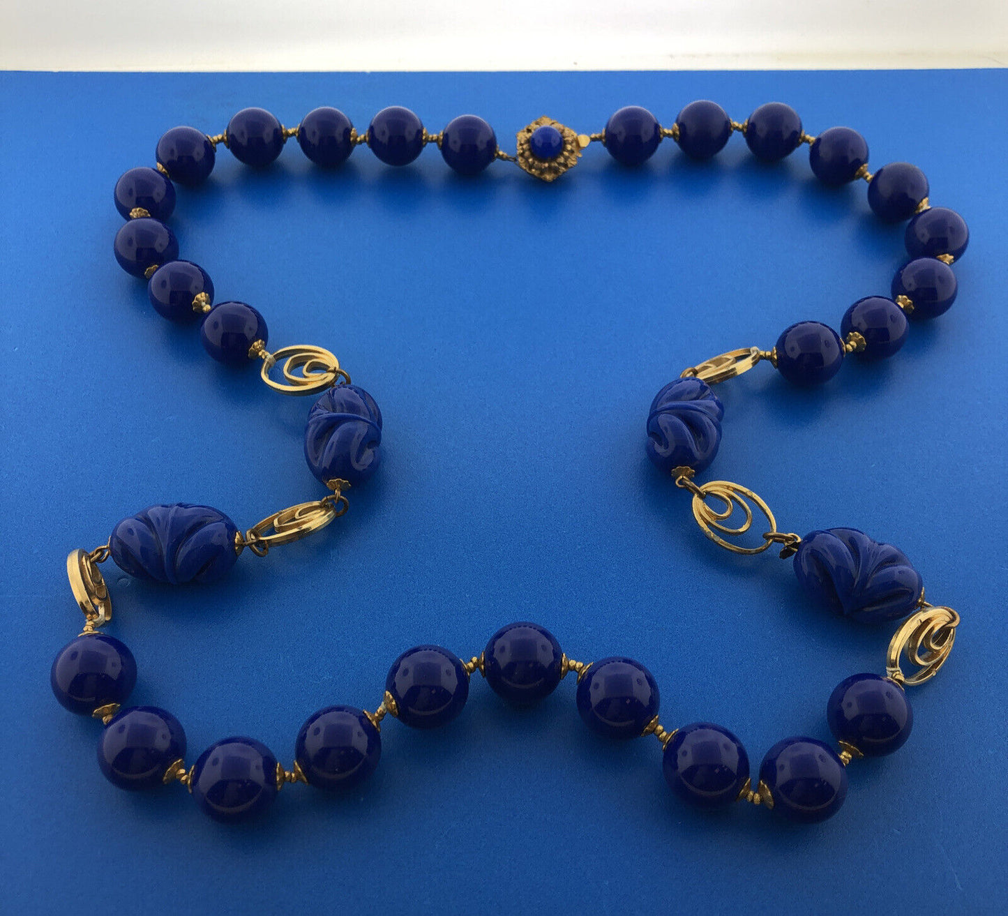 Mid Century Miriam Haskell Cobalt Blue Lucite Beads Gold Tone Statement Necklace