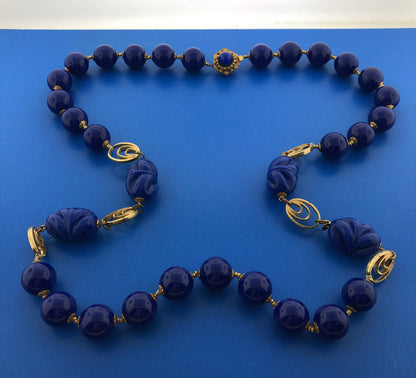 Mid Century Miriam Haskell Cobalt Blue Lucite Beads Gold Tone Statement Necklace