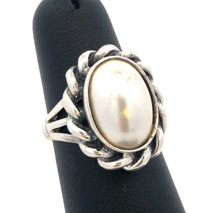 Modernist 925 Sterling Silver Oval Pearl Bezel Twist Cocktail Ring
