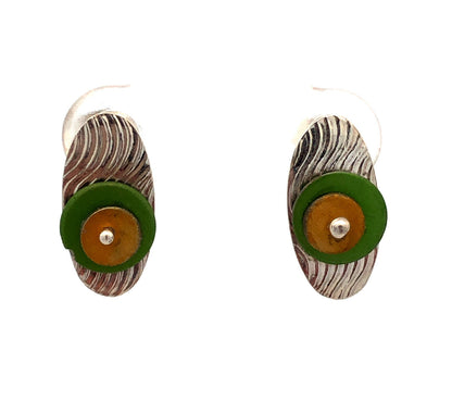 Vintage Hut 925 Sterling Silver Green Yellow Modernist Oval Stud Earrings