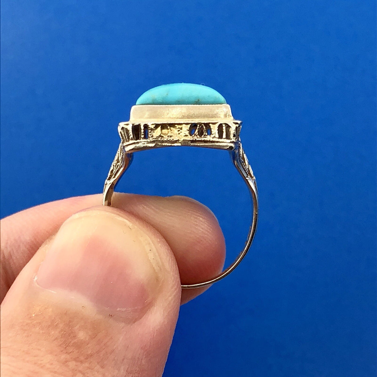 Art Deco Designer G & Co 14K White Gold Turquoise Filigree Statement Dinner Ring