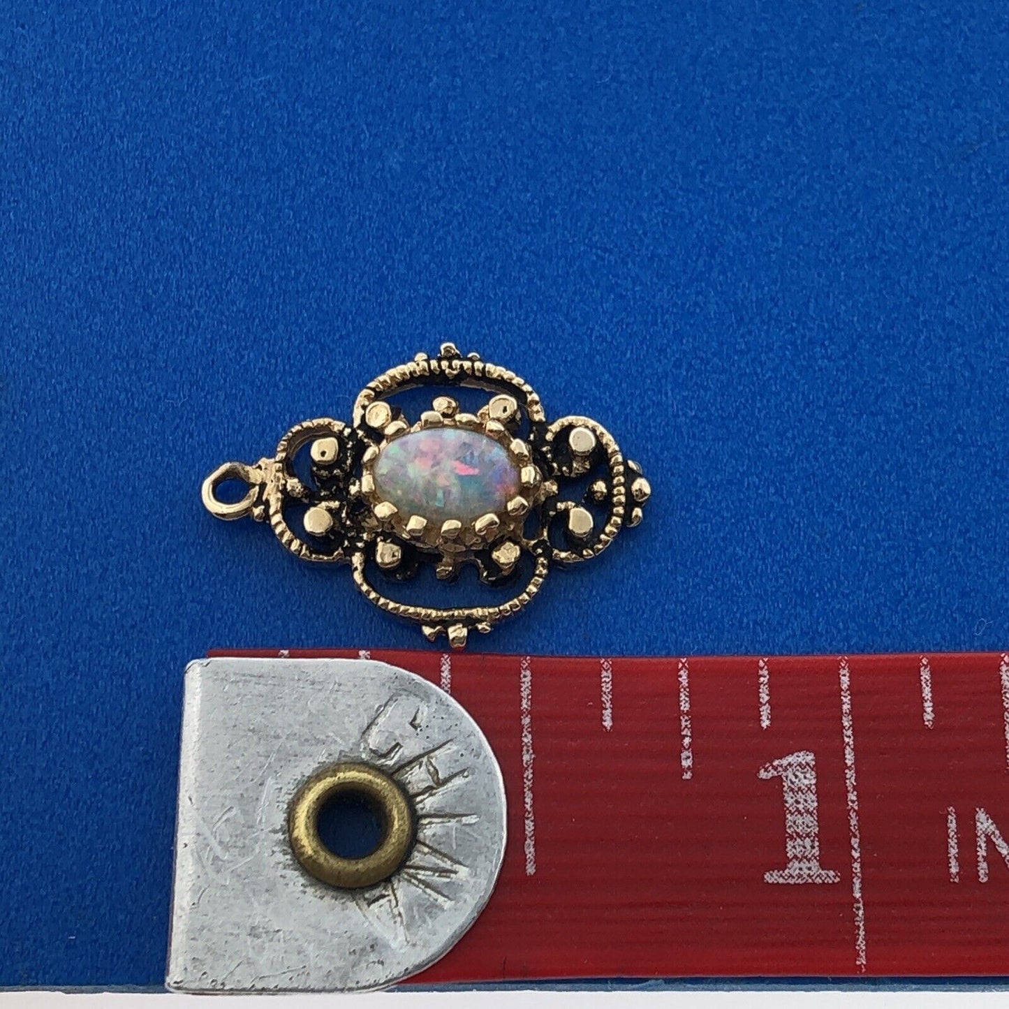 Gorgeous 14k Yellow Gold Cabochon White Opal Openwork Filigree Regal Pendant