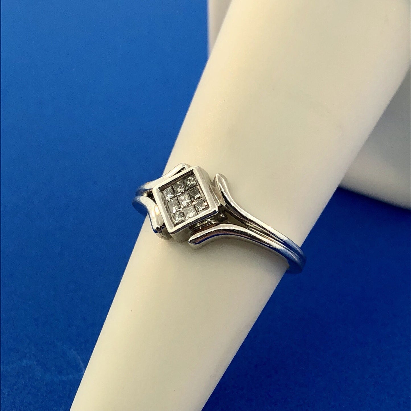Modernist 14K White Gold Diamond Tension Set Princess Engagement Promise Ring