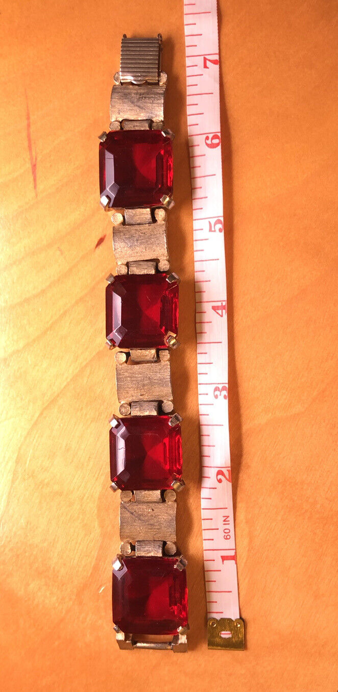 Chunky Funky 70's Runway Couture Gold Tone Square Red Glass Modernist Bracelet