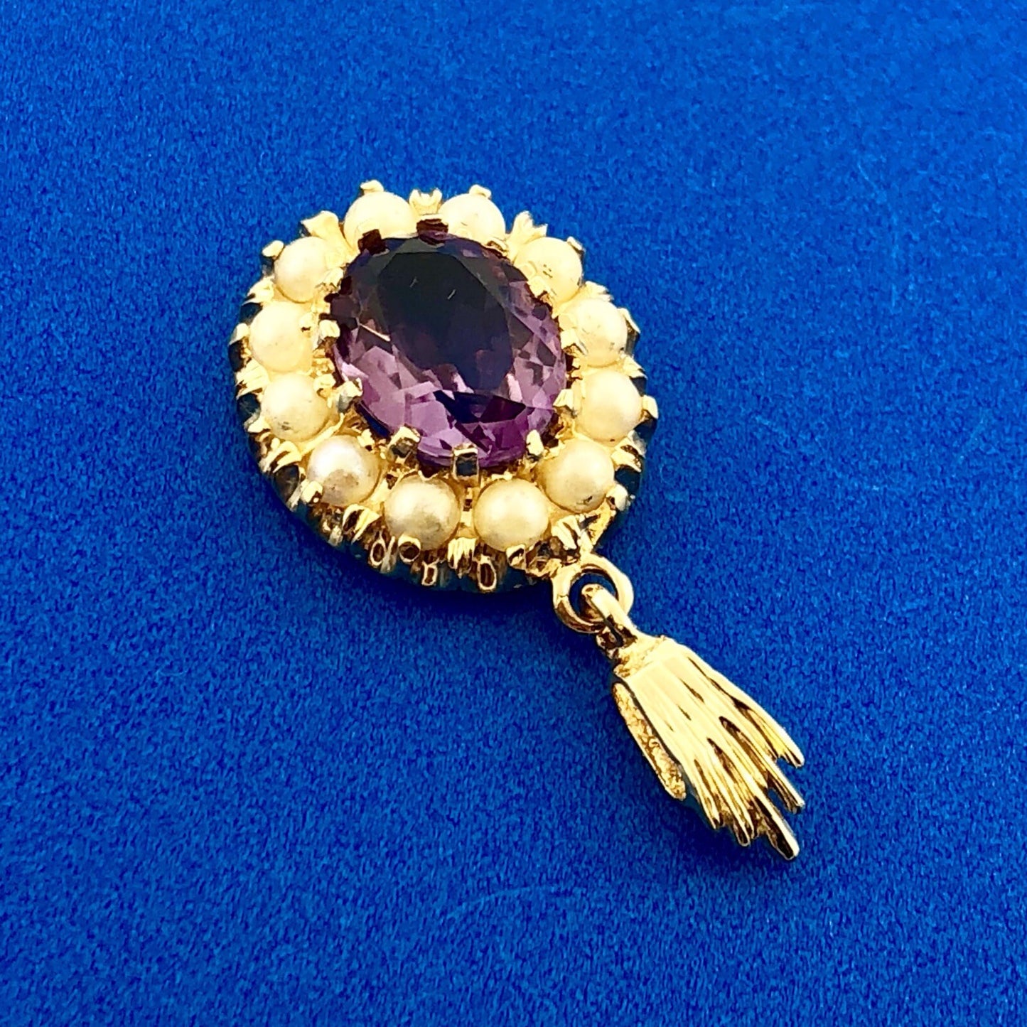 Victorian 14K Yellow Gold Amethyst Seed Pearl Halo February Anniversary Pendant