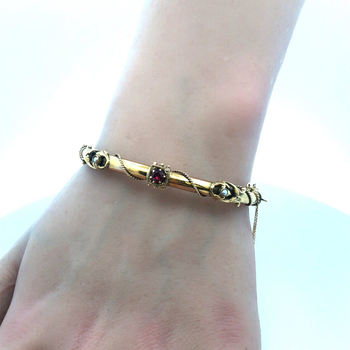 Art Nouveau Art Deco 14K Yellow Gold Garnet Seed Pearl Etruscan Bangle Bracelet
