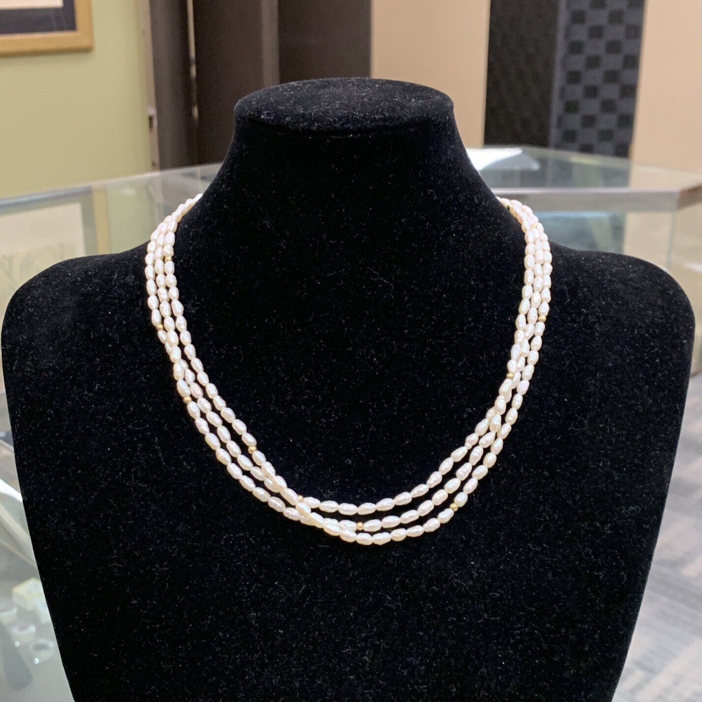 14K Yellow Gold Rice Pearl Gold Ball Beaded Three Strand Necklace