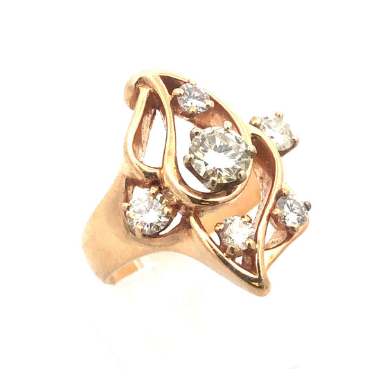 Gorgeous 14k Yellow Gold Round Cut 6 Diamond Free-form Openwork Ring Size 5.5