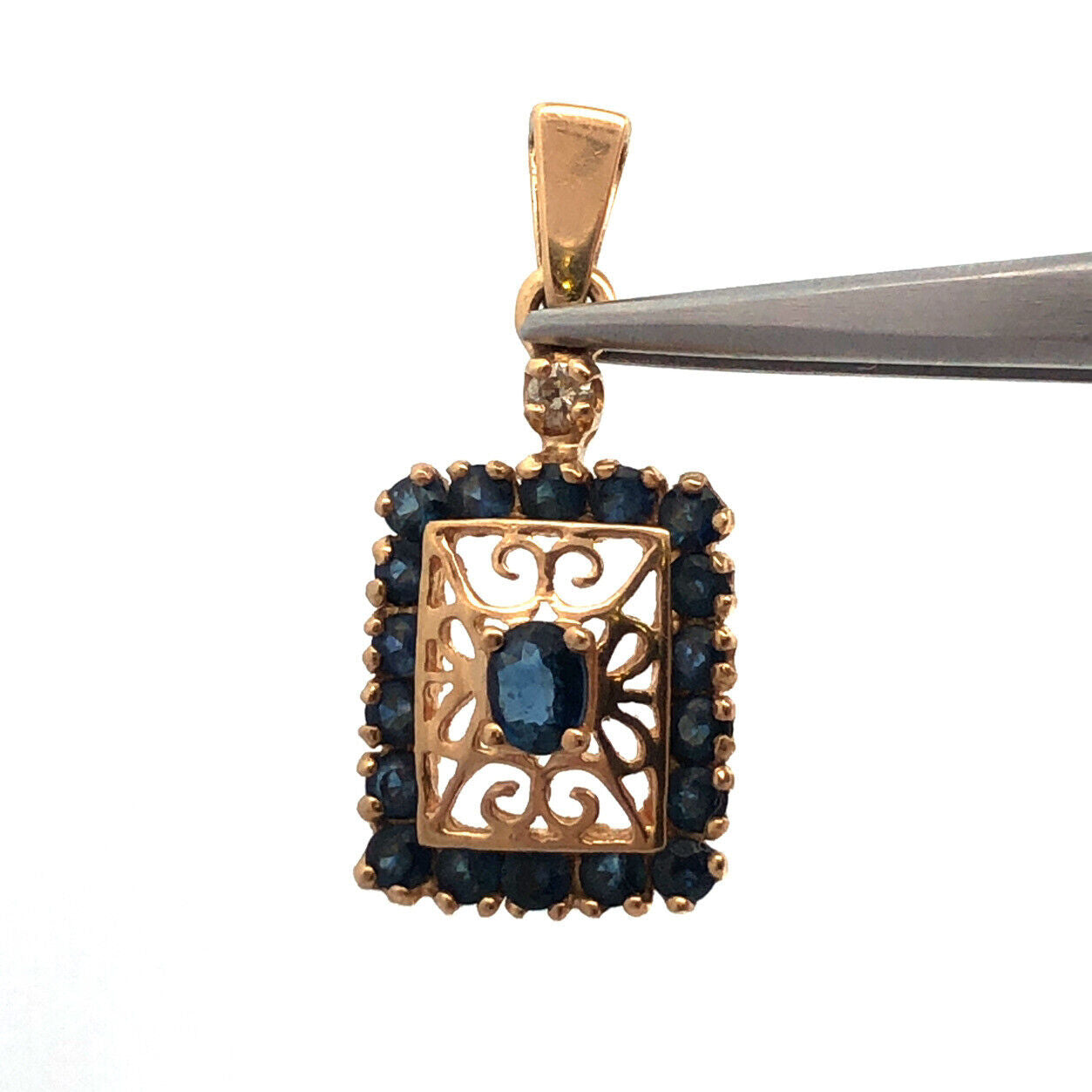 Designer 14K Yellow Gold Oval Sapphire Diamond Accented Filigree Pendant
