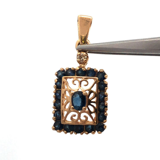 Designer 14K Yellow Gold Oval Sapphire Diamond Accented Filigree Pendant