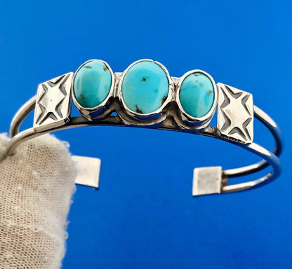 Native American Artisan Sterling Silver Sleeping Beauty Turquoise Cuff Bracelet