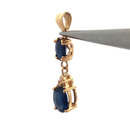 Designer 14K Yellow Gold Oval Blue Sapphire Duo Diamond Accented Pendant