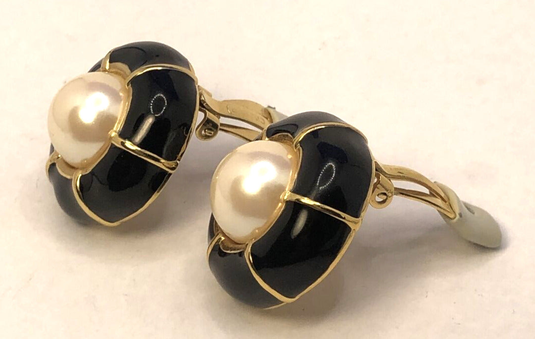 Designer Ciner Gold Tone Black Enamel Faux Pearl Round Statement Clip Earrings