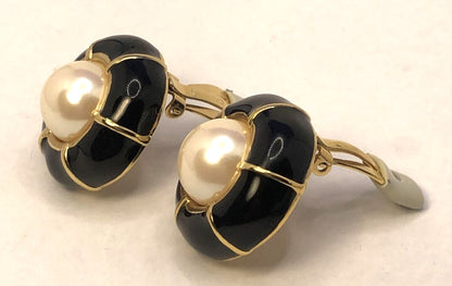 Designer Ciner Gold Tone Black Enamel Faux Pearl Round Statement Clip Earrings