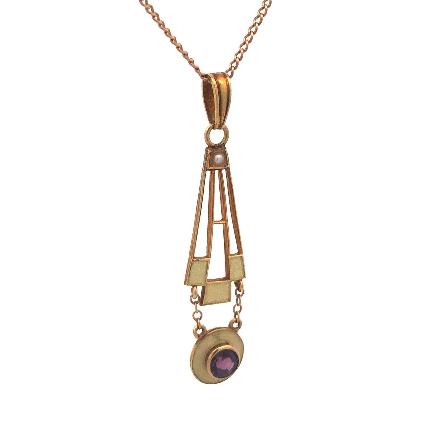 Art Deco 10K 14K  Yellow Gold Amethyst Seed Pearl Enamel Drop Pendant Necklace