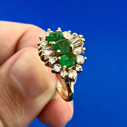 Vintage 14k Yellow Gold Three Oval Emerald Ring w/ Round & Baguette Diamonds