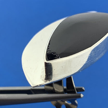 Mid Century Taxco Los Ballesteros Sterling Silver Onyx Modernist Clip Earrings