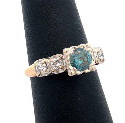 Vintage AM-G 14K Yellow White Gold  Blue Diamond White Accented Engagement Ring