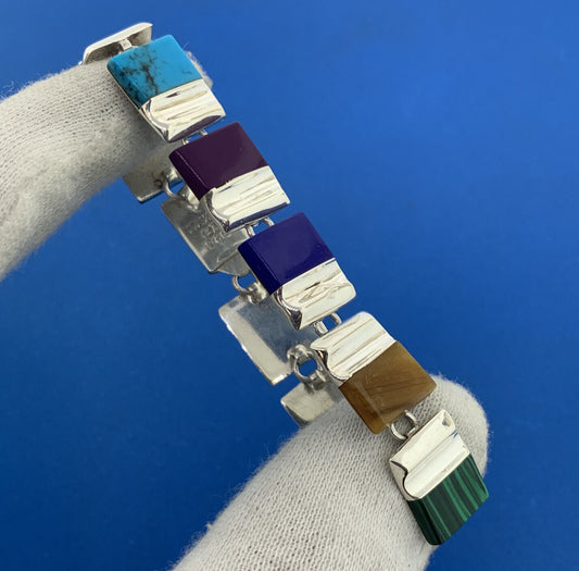 Vintage Designer Taxco Sterling Silver Mixed Colored Gemstone Cabochon Bracelet