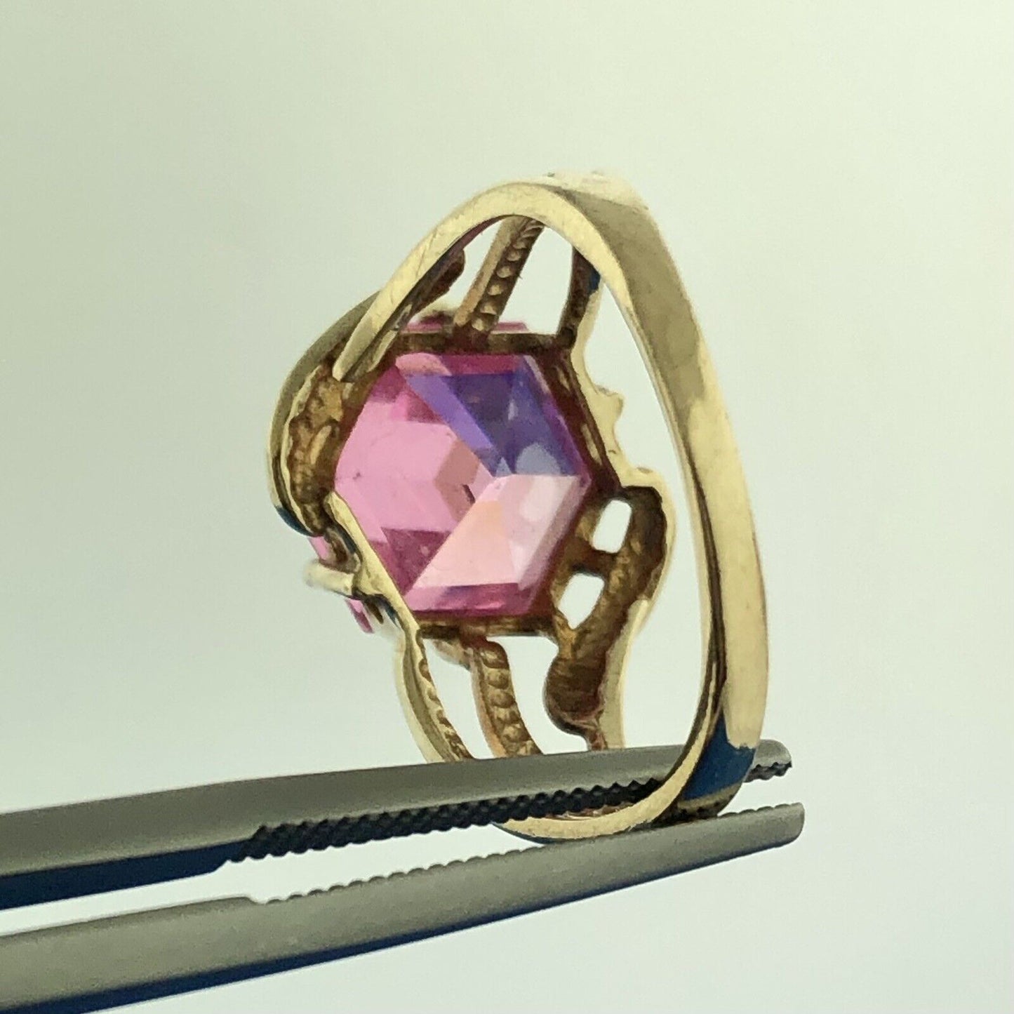 Gorgeous 10k Yellow Gold Faceted Hexagon Pink Ice CZ Modernist Ring Size 6