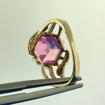 Gorgeous 10k Yellow Gold Faceted Hexagon Pink Ice CZ Modernist Ring Size 6
