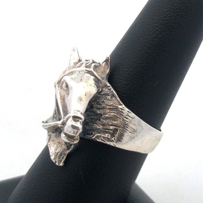 Retro 925 Sterling Silver Horse Head Bridle Western Style Statement Chunky Ring