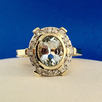 Designer 10K Yellow Gold Aquamarine Diamond Halo March Birthday Anniversary Ring