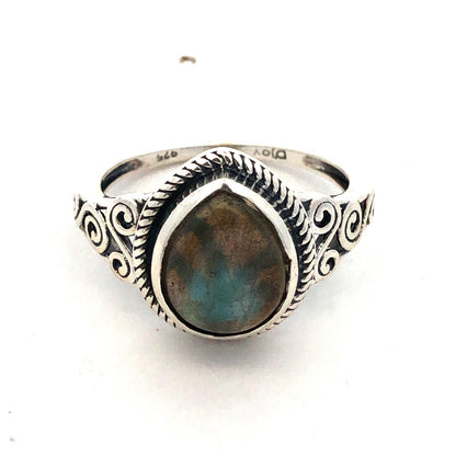 Designer D'Joy 925 Sterling Silver Pear Cabochon Labradorite Filigree Ring