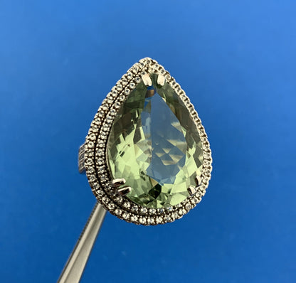 Designer 925 Sterling Silver Green Amethyst Diamond Halo Statement Cocktail Ring