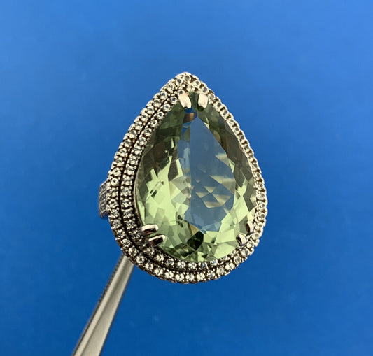 Designer 925 Sterling Silver Green Amethyst Diamond Halo Statement Cocktail Ring