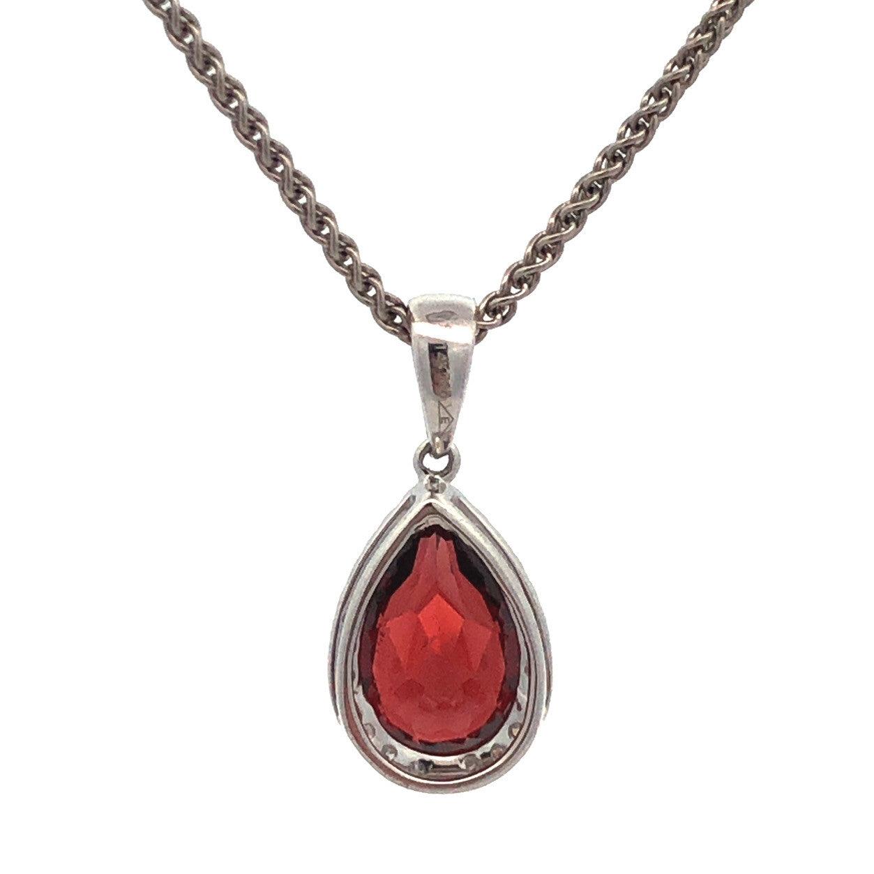 Designer 14K White Gold Pear Garnet Diamond Halo Drop Pendant Necklace