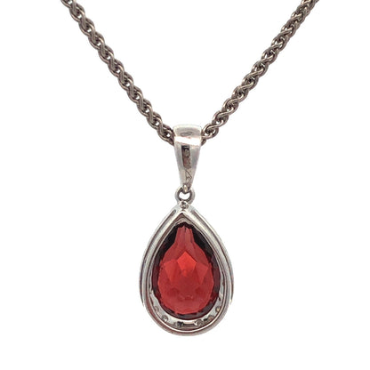 Designer 14K White Gold Pear Garnet Diamond Halo Drop Pendant Necklace