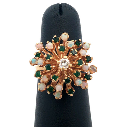 Gorgeous 14k Yellow Gold Diamond Emerald Opal Flower Cluster Ring Size 5.25