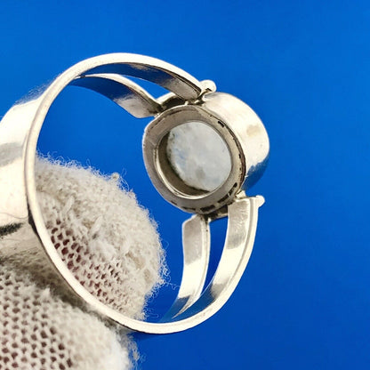 Retro 925 Sterling Silver Oval Moonstone Cabochon Modernist Ring