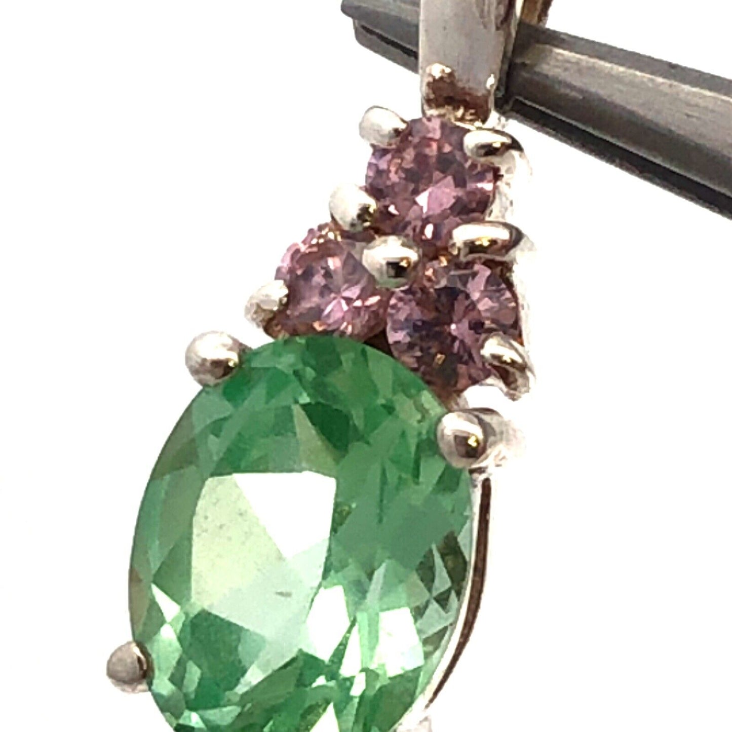 Designer HAN 925 Sterling Silver Oval Aquamarine Round Pink CZ Accent Pendant