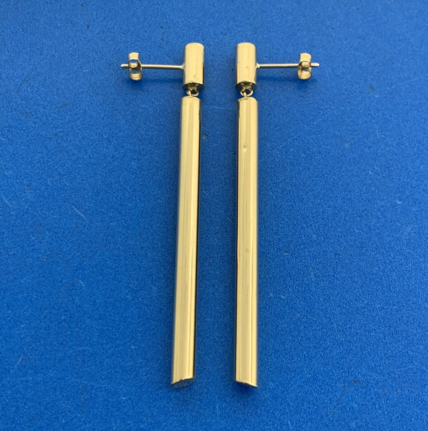 Designer 14K Yellow Gold Polished Tubular Modernist Drop Dangle Stud Earrings