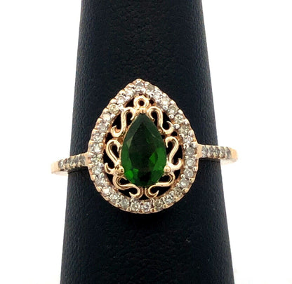 Estate 10K Yellow Gold Pear Cut Emerald Diamond Halo Engagement Ring