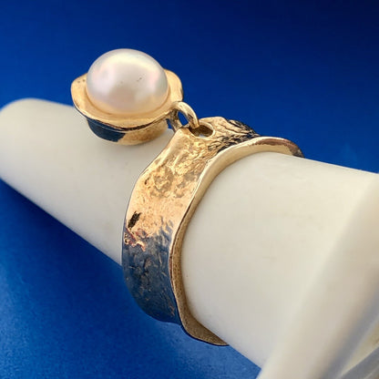 Designer LIRM Israel 925 Sterling Vermeil Pearl Dangle Charm Cocktail Ring