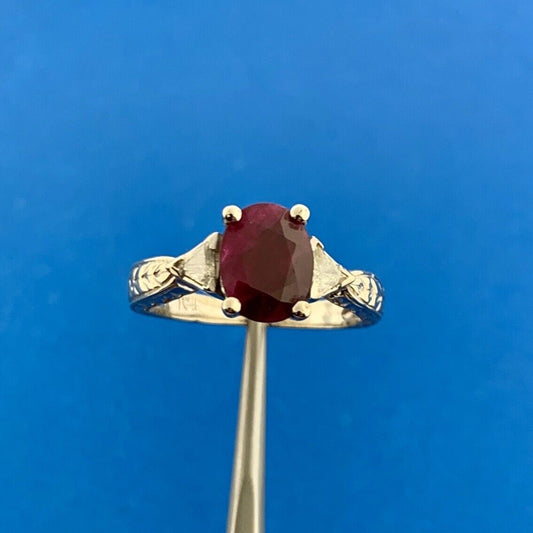 Designer 14K White Gold Oval Ruby Diamond Trillion Accented July Cocktail Ring