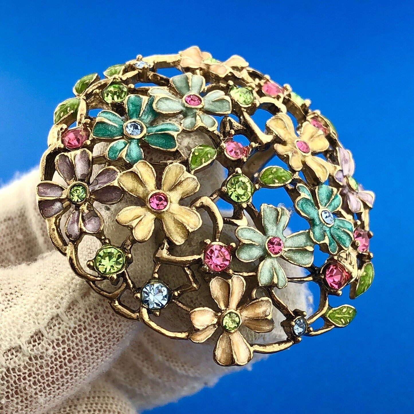 Mid Century Monet Gold Tone Multi Colored Enamel Rhinestone Spring Floral Brooch